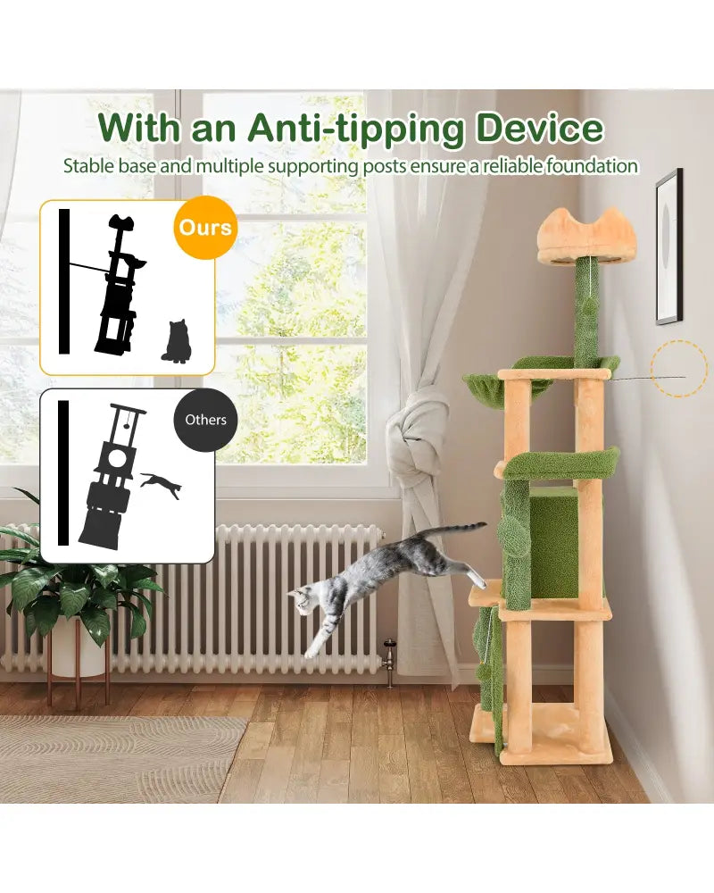 63 Inch Cactus Cat Tree with Sisal Scratching Posts and Board for Indoor Cats - Green - Cat Trees Condos & Scratchers