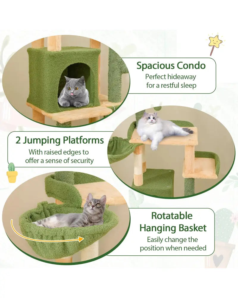 63 Inch Cactus Cat Tree with Sisal Scratching Posts and Board for Indoor Cats - Green - Cat Trees Condos & Scratchers