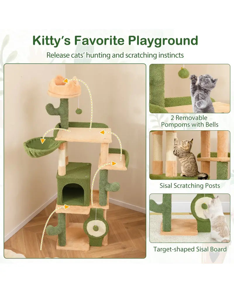 63 Inch Cactus Cat Tree with Sisal Scratching Posts and Board for Indoor Cats - Green - Cat Trees Condos & Scratchers