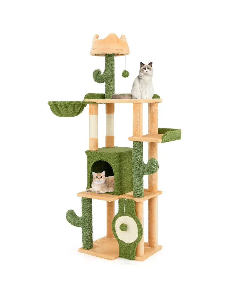 63 Inch Cactus Cat Tree with Sisal Scratching Posts and Board for Indoor Cats - Green - Cat Trees Condos & Scratchers