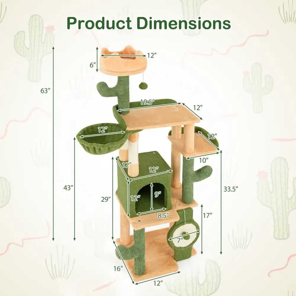 63 Inch Cactus Cat Tree with Sisal Scratching Posts and Board for Indoor Cats - Green - Cat Trees Condos & Scratchers
