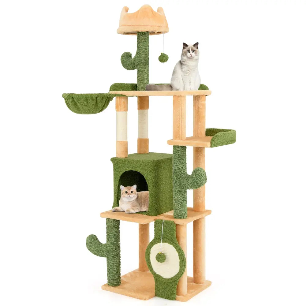 63 Inch Cactus Cat Tree with Sisal Scratching Posts and Board for Indoor Cats - Green - Cat Trees Condos & Scratchers