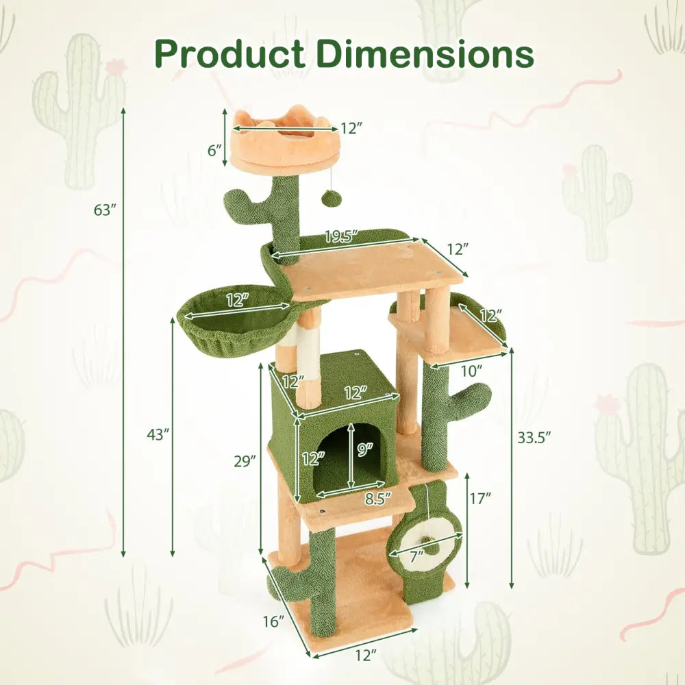 63 Inch Cactus Cat Tree with Sisal Scratching Posts and Board for Indoor Cats - Green - Cat Trees Condos & Scratchers