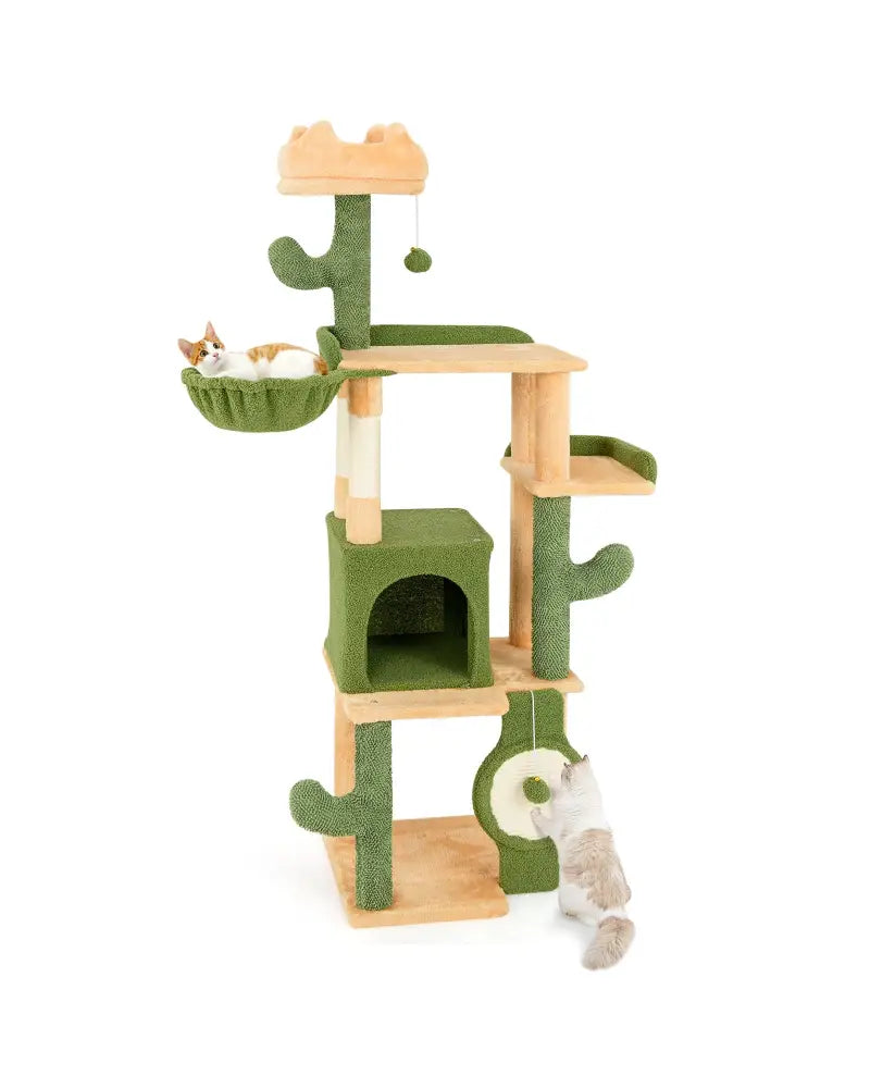 63 Inch Cactus Cat Tree with Sisal Scratching Posts and Board for Indoor Cats - Green - Cat Trees Condos & Scratchers