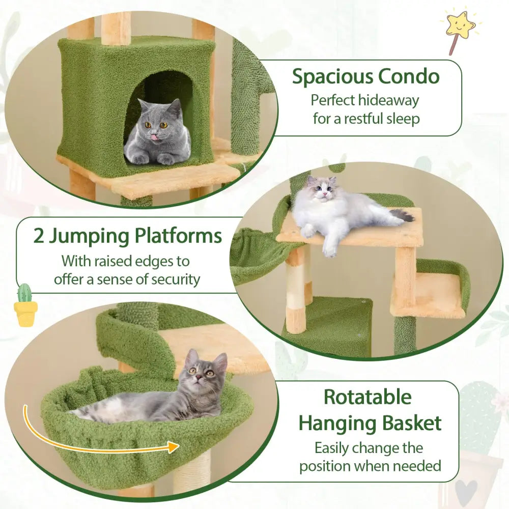 63 Inch Cactus Cat Tree with Sisal Scratching Posts and Board for Indoor Cats - Green - Cat Trees Condos & Scratchers