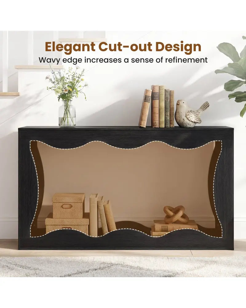 63 Inch Console Table 2-Tier Narrow Entryway Table with Wavy Edge Storage Shelf-Black - Black - Console Tables