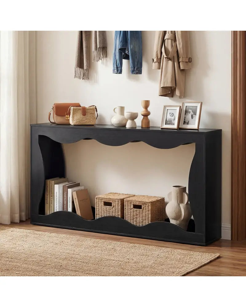 63 Inch Console Table 2-Tier Narrow Entryway Table with Wavy Edge Storage Shelf-Black - Black - Console Tables