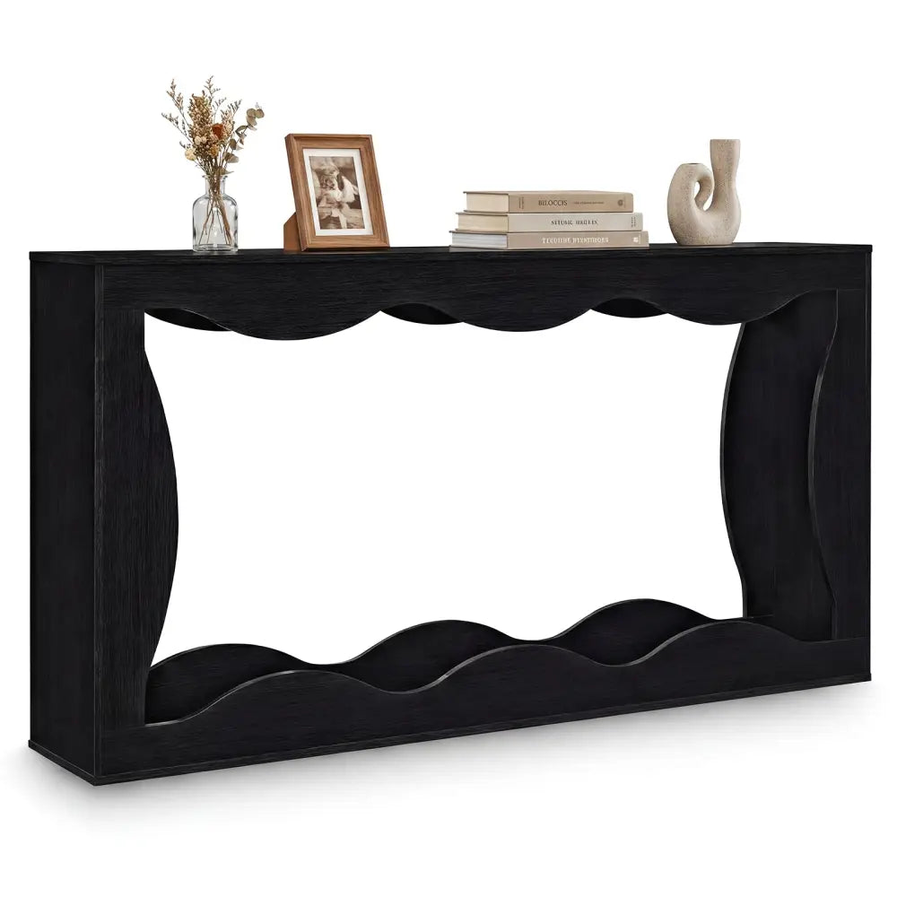 63 Inch Console Table 2-Tier Narrow Entryway Table with Wavy Edge Storage Shelf-Black - Black - Console Tables