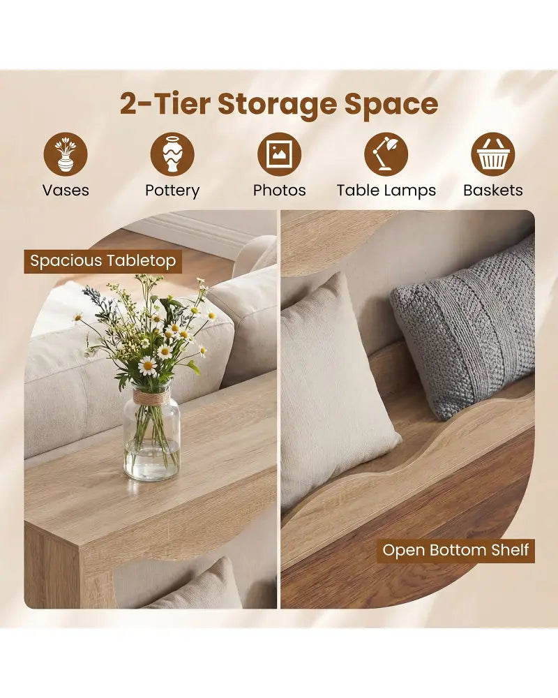 63 Inch Console Table 2-Tier Narrow Entryway Table with Wavy Edge Storage Shelf-Natural - Natural - Console Tables