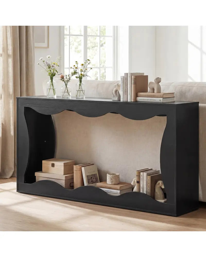 63 Inch Console Table 2-Tier Narrow Entryway Table with Wavy Edge Storage Shelf-Black - Black - Console Tables