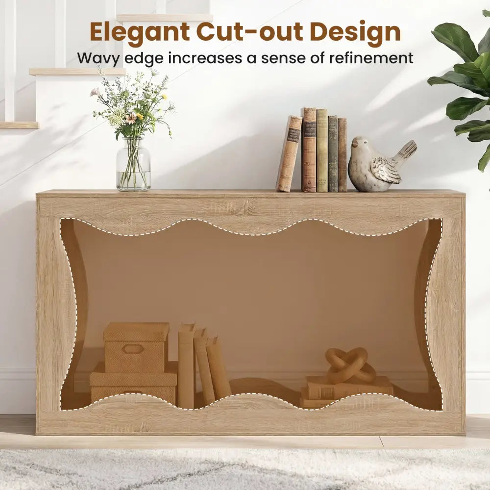 63 Inch Console Table 2-Tier Narrow Entryway Table with Wavy Edge Storage Shelf-Natural - Natural - Console Tables