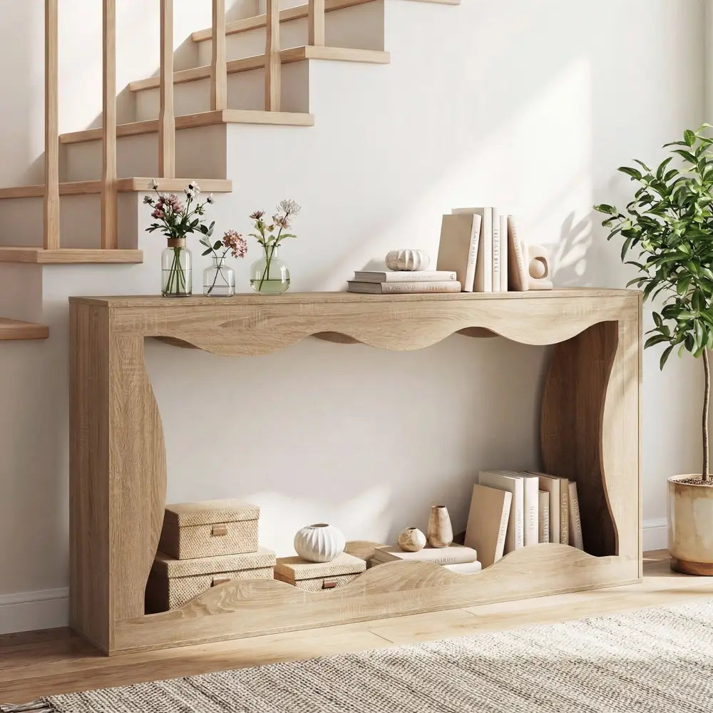63 Inch Console Table 2-Tier Narrow Entryway Table with Wavy Edge Storage Shelf-Natural - Natural - Console Tables
