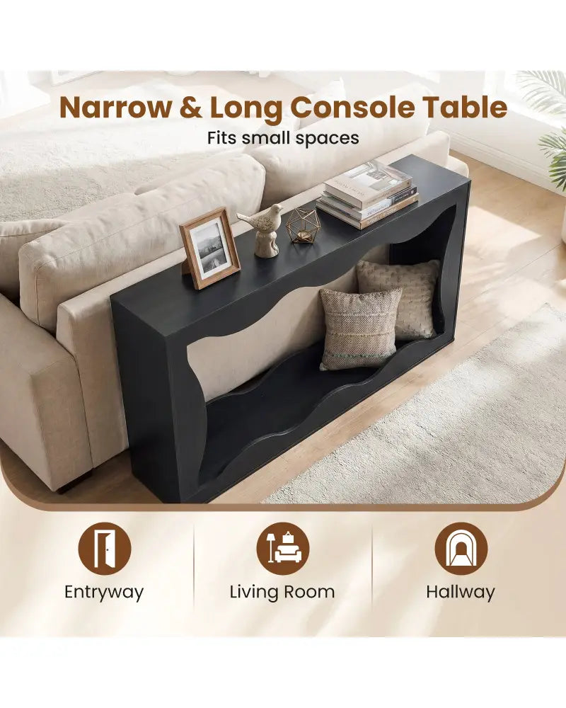 63 Inch Console Table 2-Tier Narrow Entryway Table with Wavy Edge Storage Shelf-Black - Black - Console Tables