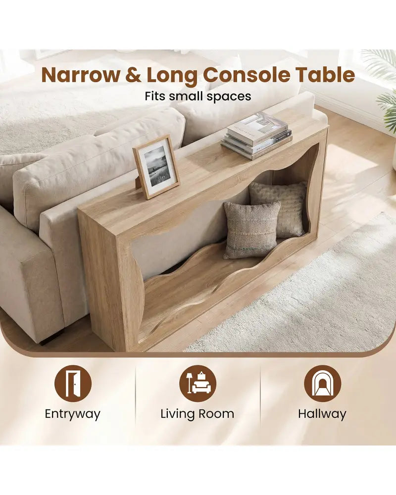 63 Inch Console Table 2-Tier Narrow Entryway Table with Wavy Edge Storage Shelf-Natural - Natural - Console Tables