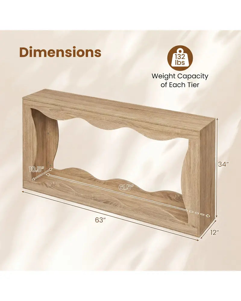 63 Inch Console Table 2-Tier Narrow Entryway Table with Wavy Edge Storage Shelf-Natural - Natural - Console Tables