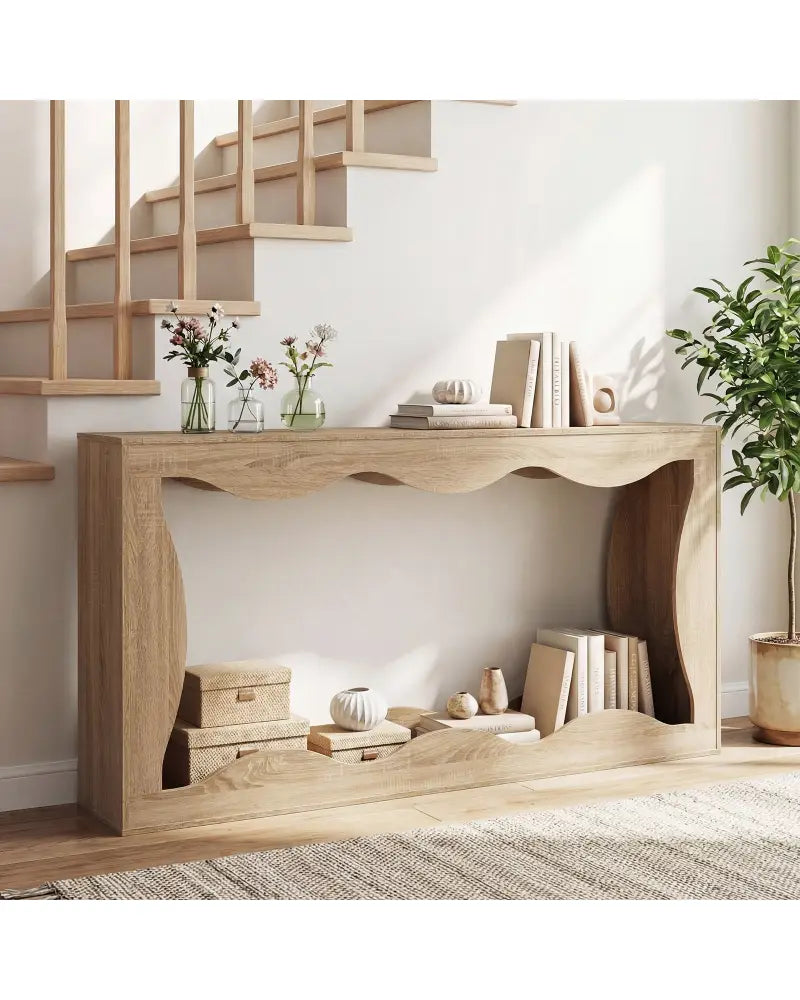 63 Inch Console Table 2-Tier Narrow Entryway Table with Wavy Edge Storage Shelf-Natural - Natural - Console Tables