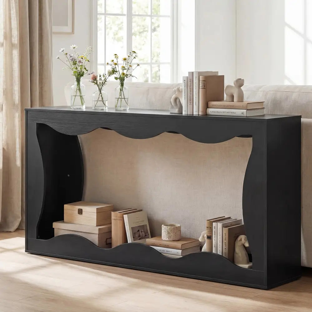 63 Inch Console Table 2-Tier Narrow Entryway Table with Wavy Edge Storage Shelf-Black - Black - Console Tables