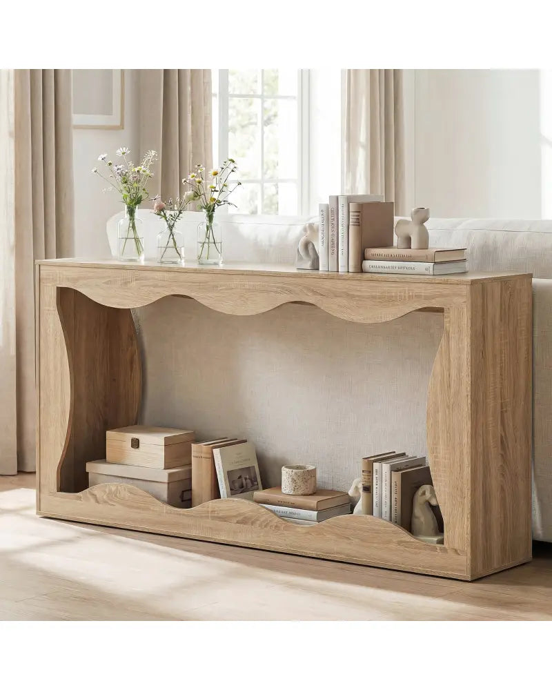63 Inch Console Table 2-Tier Narrow Entryway Table with Wavy Edge Storage Shelf-Natural - Natural - Console Tables