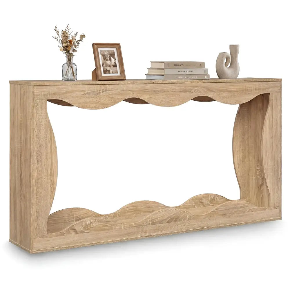 63 Inch Console Table 2-Tier Narrow Entryway Table with Wavy Edge Storage Shelf-Natural - Natural - Console Tables
