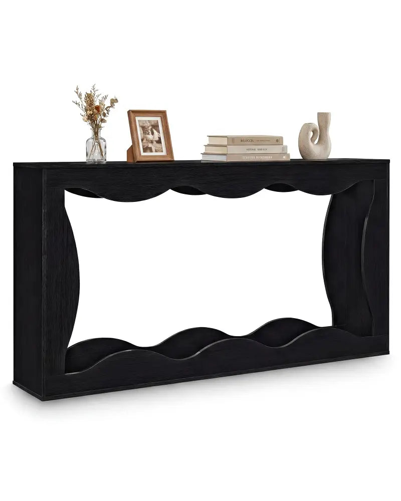 63 Inch Console Table 2-Tier Narrow Entryway Table with Wavy Edge Storage Shelf-Black - Black - Console Tables