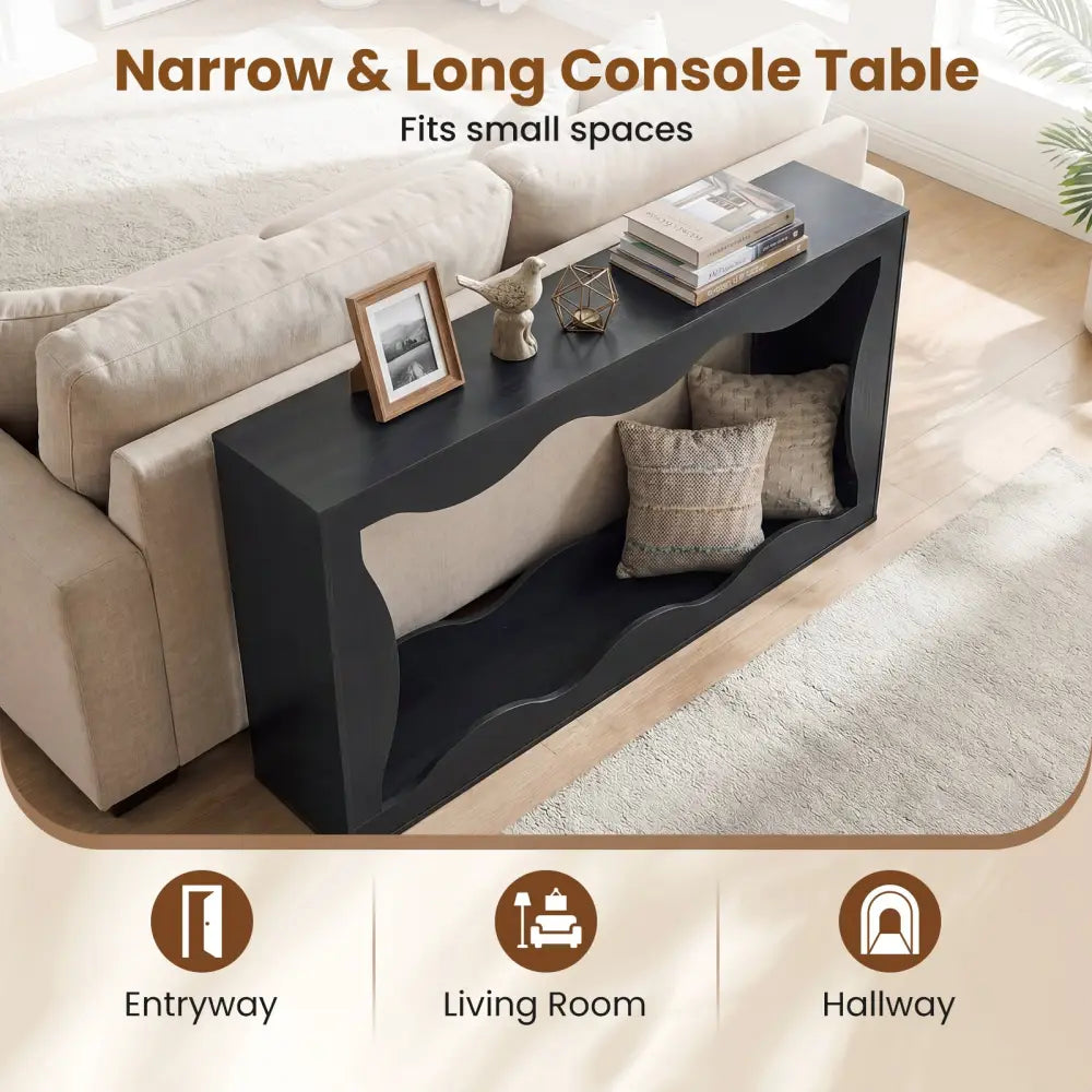 63 Inch Console Table 2-Tier Narrow Entryway Table with Wavy Edge Storage Shelf-Black - Black - Console Tables