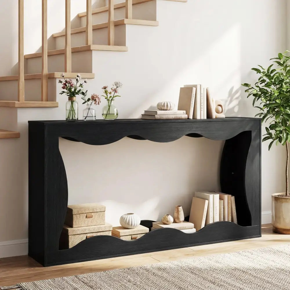 63 Inch Console Table 2-Tier Narrow Entryway Table with Wavy Edge Storage Shelf-Black - Black - Console Tables
