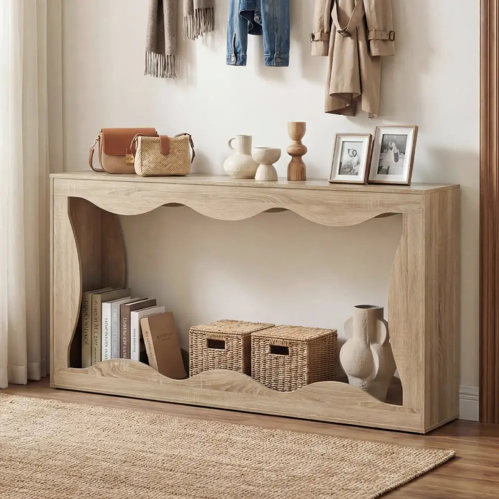 63 Inch Console Table 2-Tier Narrow Entryway Table with Wavy Edge Storage Shelf-Natural - Natural - Console Tables