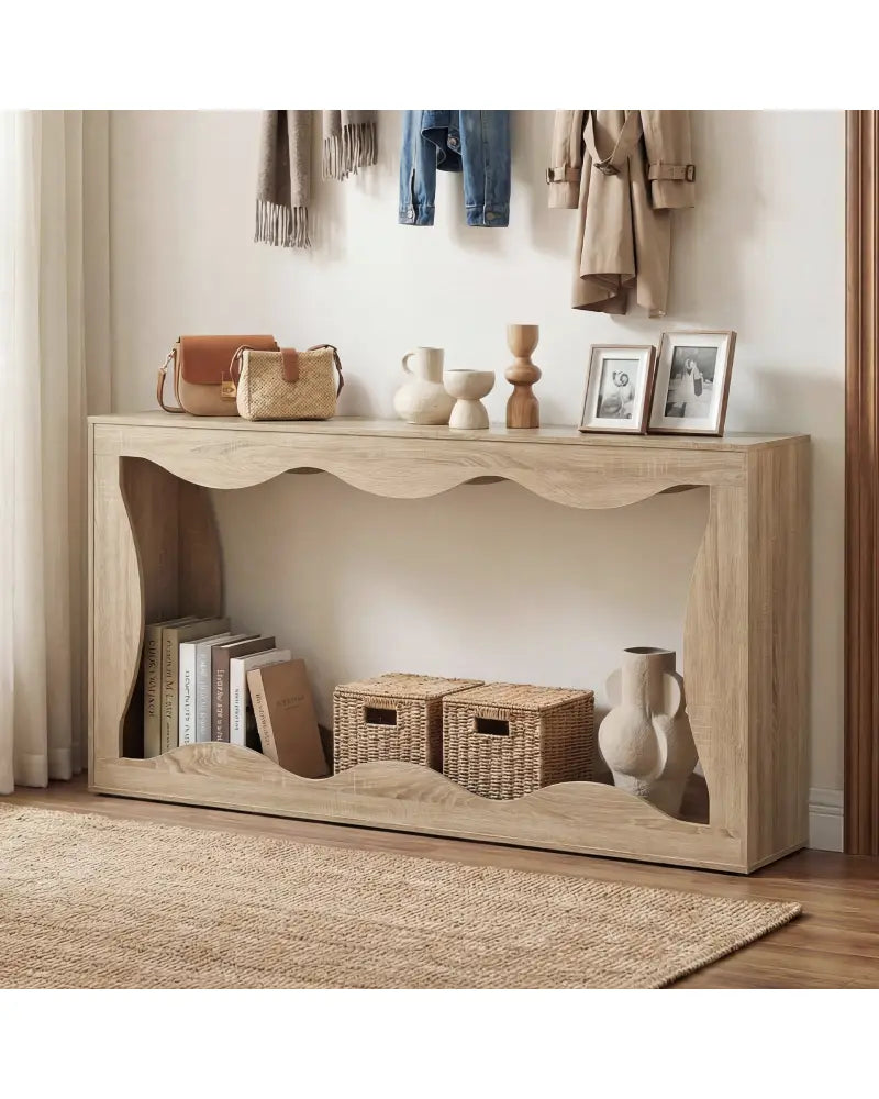 63 Inch Console Table 2-Tier Narrow Entryway Table with Wavy Edge Storage Shelf-Natural - Natural - Console Tables