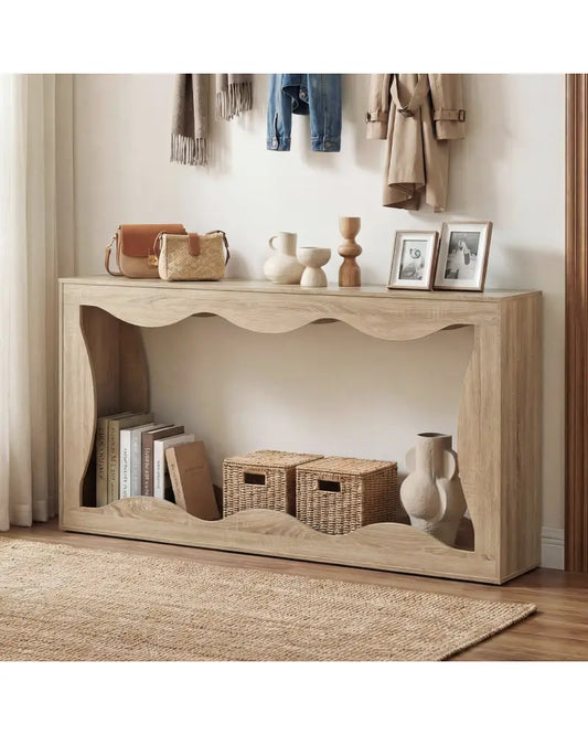 63 Inch Console Table 2-Tier Narrow Entryway Table with Wavy Edge Storage Shelf-Natural - Natural - Console Tables