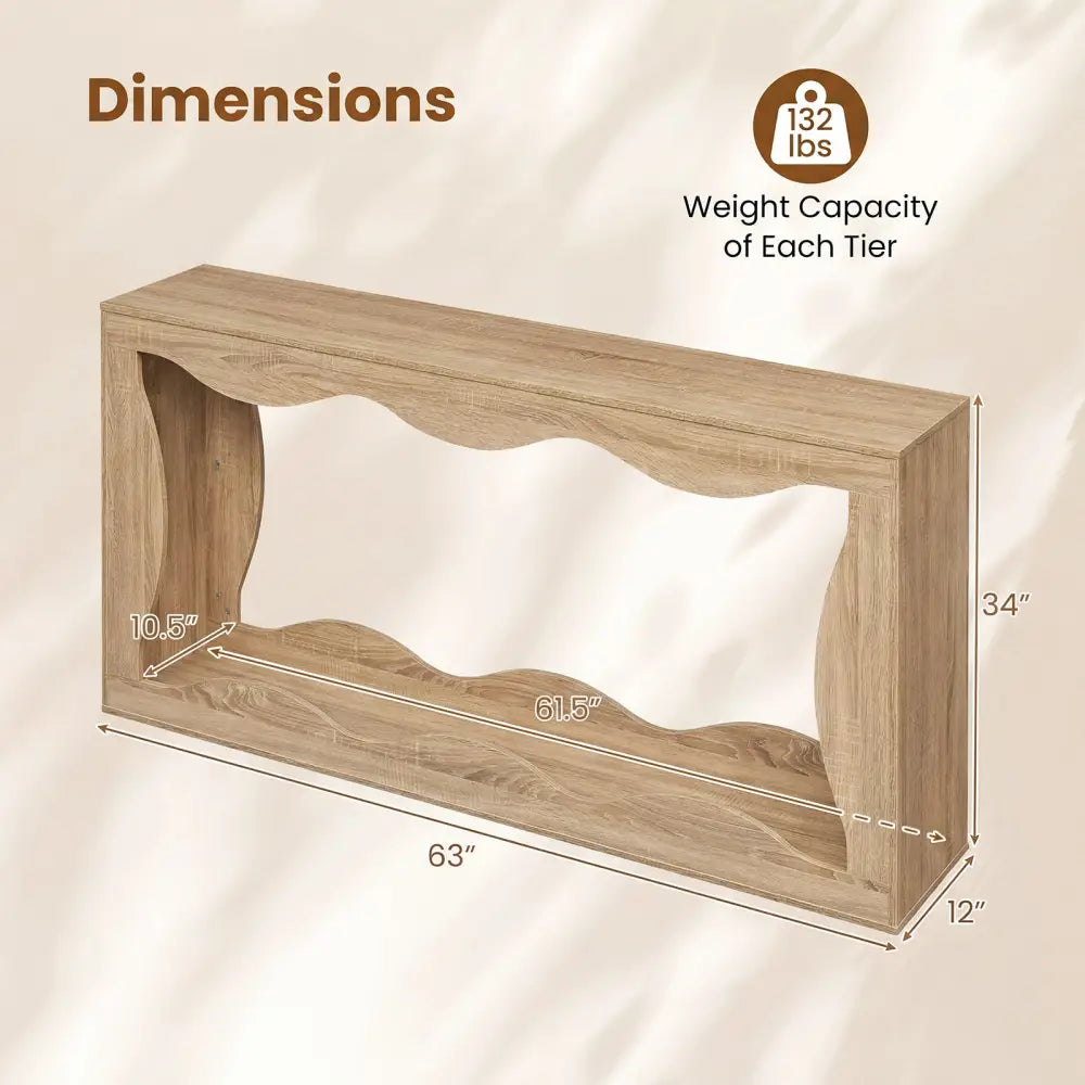 63 Inch Console Table 2-Tier Narrow Entryway Table with Wavy Edge Storage Shelf-Natural - Natural - Console Tables