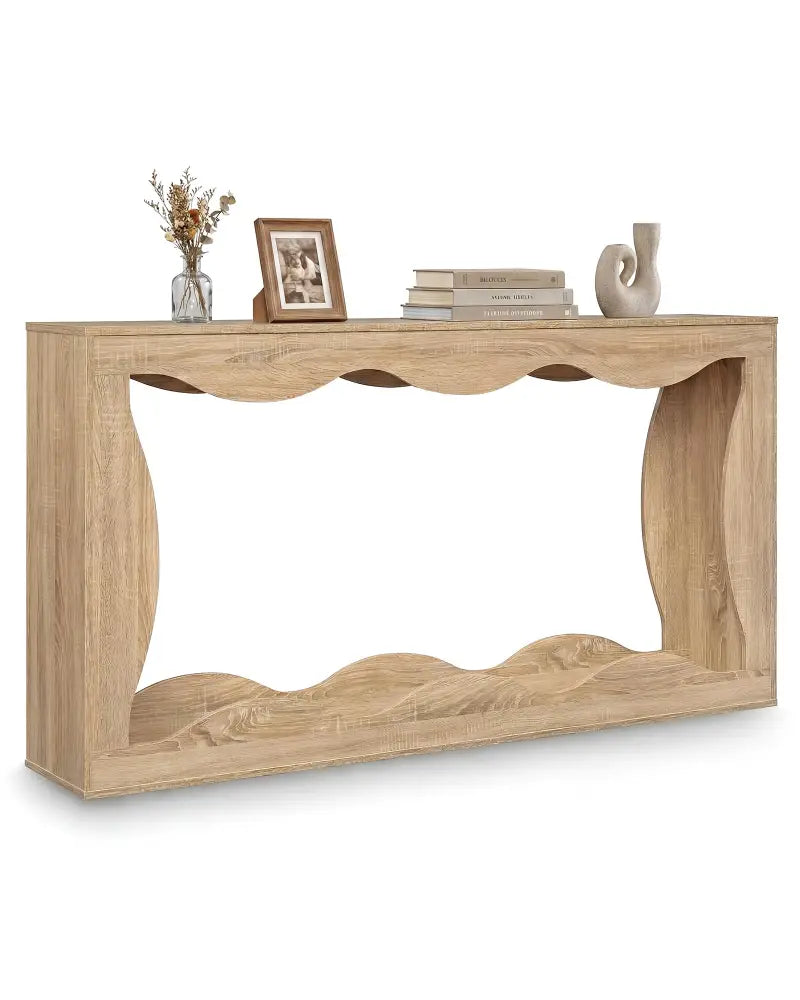 63 Inch Console Table 2-Tier Narrow Entryway Table with Wavy Edge Storage Shelf-Natural - Natural - Console Tables