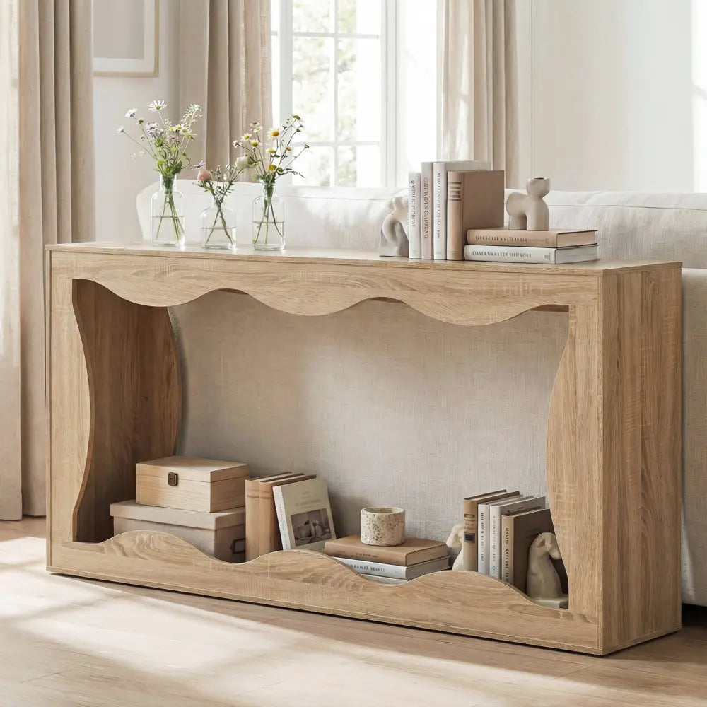 63 Inch Console Table 2-Tier Narrow Entryway Table with Wavy Edge Storage Shelf-Natural - Natural - Console Tables