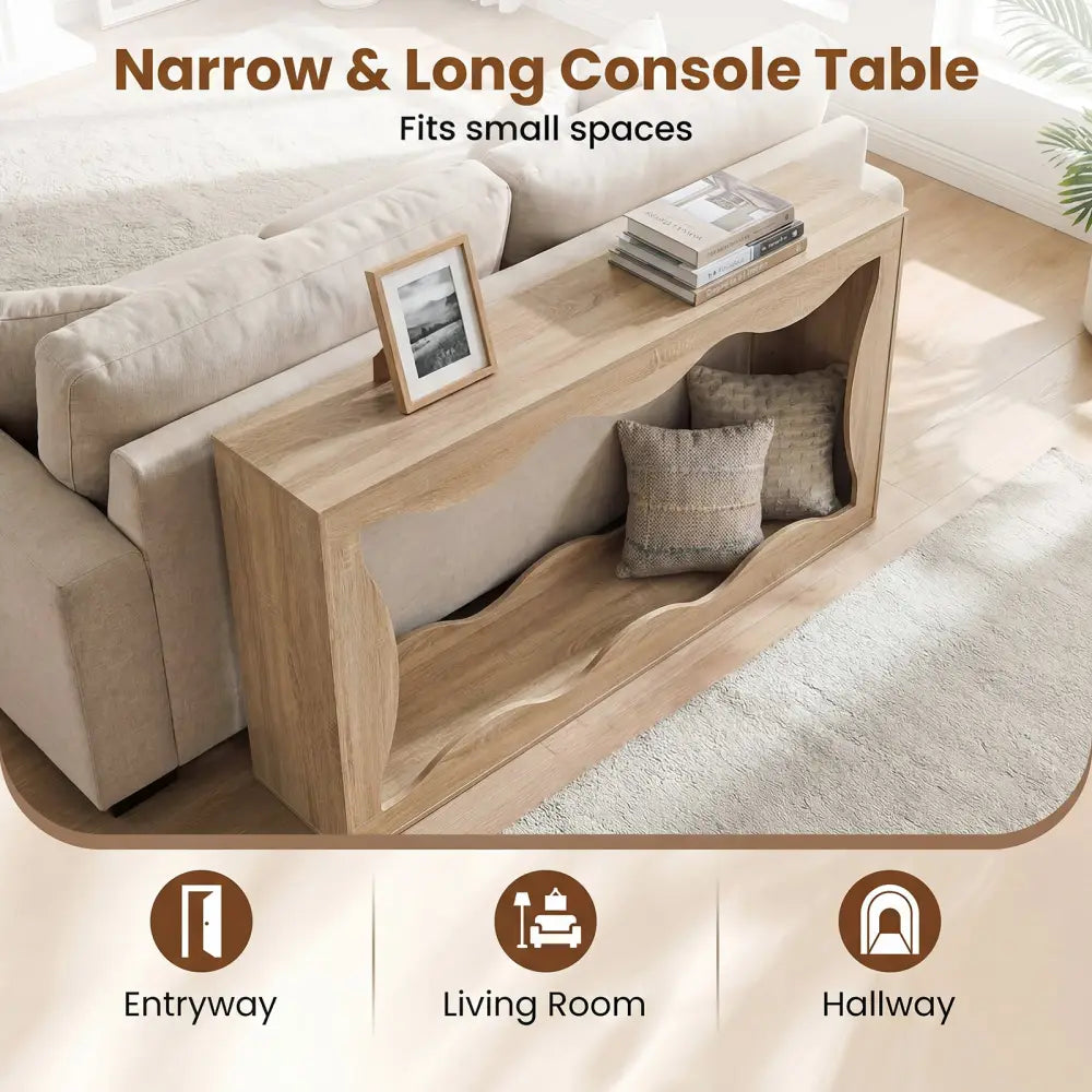 63 Inch Console Table 2-Tier Narrow Entryway Table with Wavy Edge Storage Shelf-Natural - Natural - Console Tables