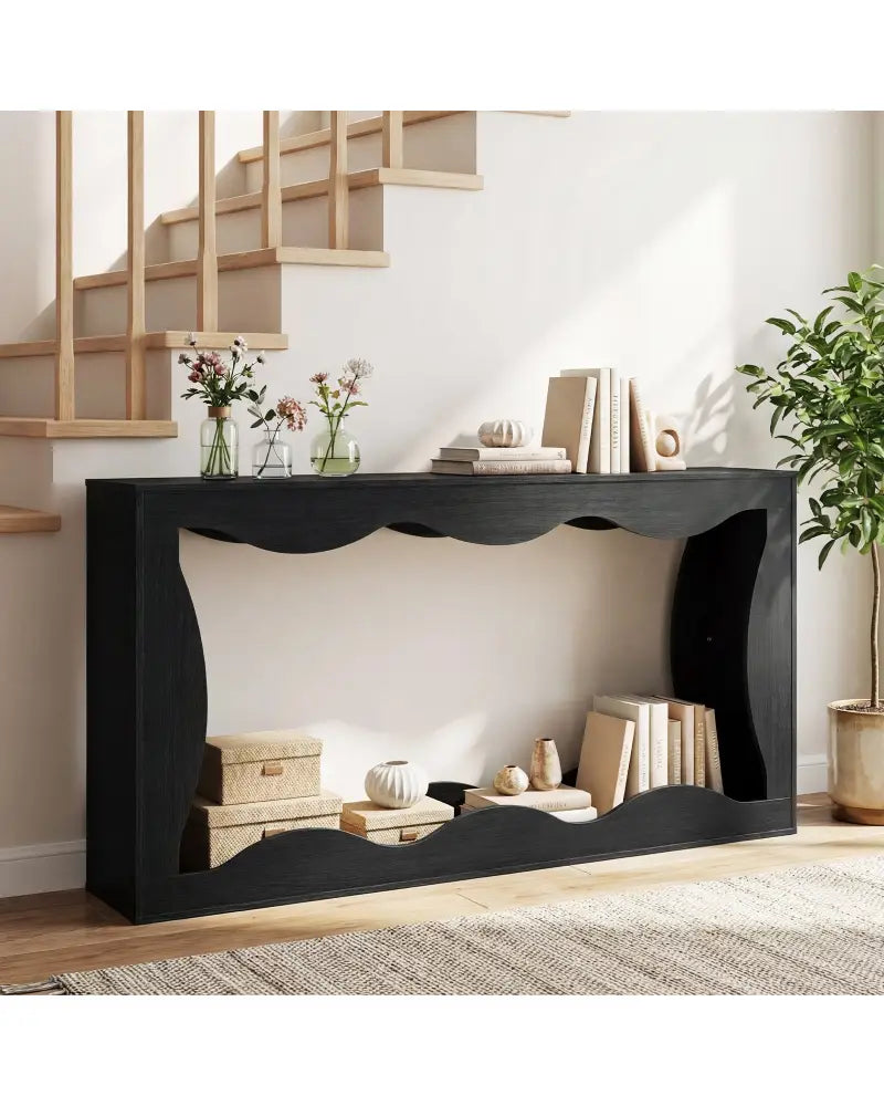 63 Inch Console Table 2-Tier Narrow Entryway Table with Wavy Edge Storage Shelf-Black - Black - Console Tables