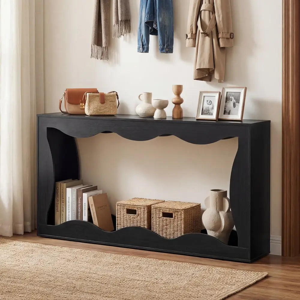 63 Inch Console Table 2-Tier Narrow Entryway Table with Wavy Edge Storage Shelf-Black - Black - Console Tables