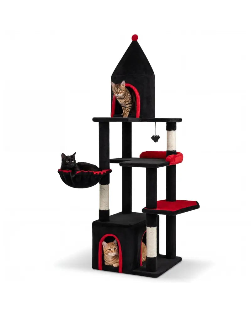 63 Inch Gothic Cat Tree with Condo and Top Cave for Large Cats 20+ LBS-Black - Black - Cat Trees Condos & Scratchers