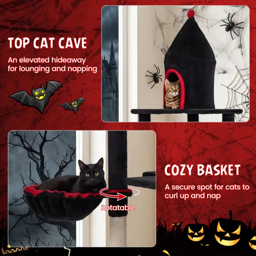 63 Inch Gothic Cat Tree with Condo and Top Cave for Large Cats 20+ LBS-Black - Black - Cat Trees Condos & Scratchers