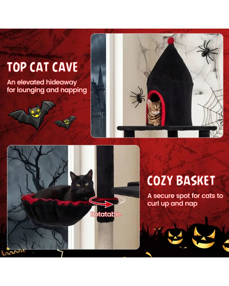 63 Inch Gothic Cat Tree with Condo and Top Cave for Large Cats 20+ LBS-Black - Black - Cat Trees Condos & Scratchers
