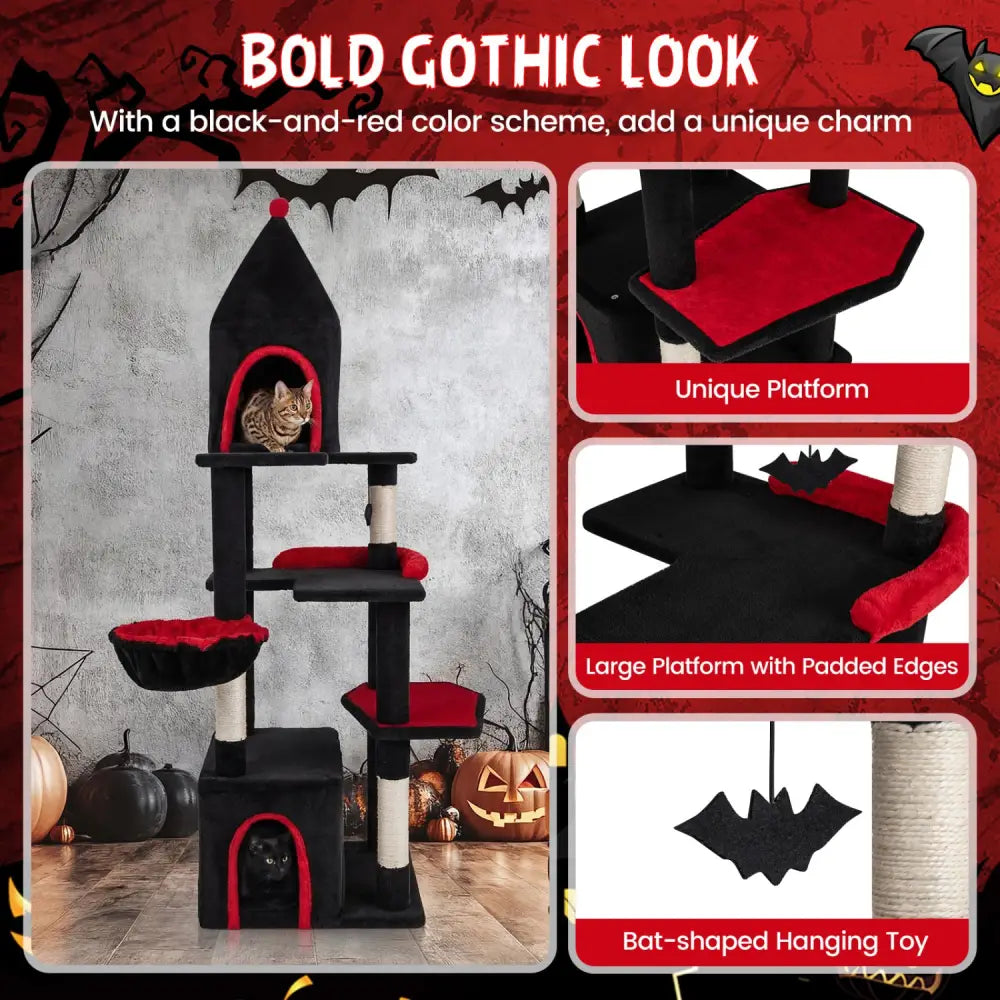 63 Inch Gothic Cat Tree with Condo and Top Cave for Large Cats 20+ LBS-Black - Black - Cat Trees Condos & Scratchers