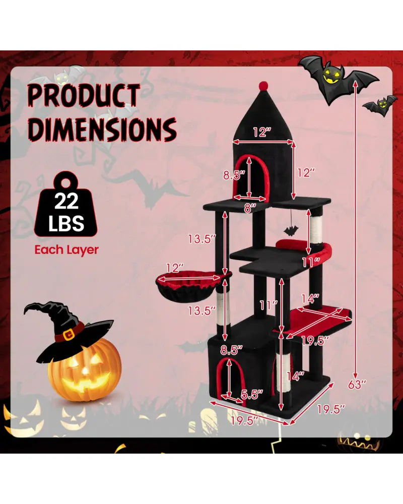 63 Inch Gothic Cat Tree with Condo and Top Cave for Large Cats 20+ LBS-Black - Black - Cat Trees Condos & Scratchers