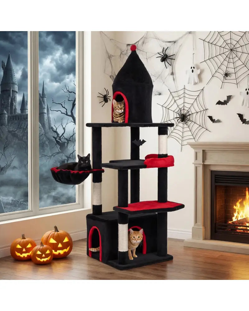 63 Inch Gothic Cat Tree with Condo and Top Cave for Large Cats 20+ LBS-Black - Black - Cat Trees Condos & Scratchers