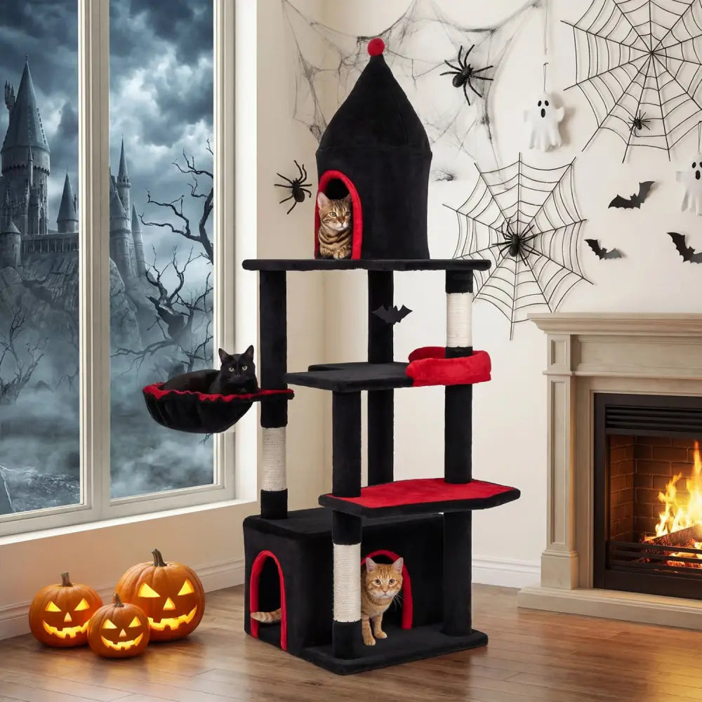 63 Inch Gothic Cat Tree with Condo and Top Cave for Large Cats 20+ LBS-Black - Black - Cat Trees Condos & Scratchers