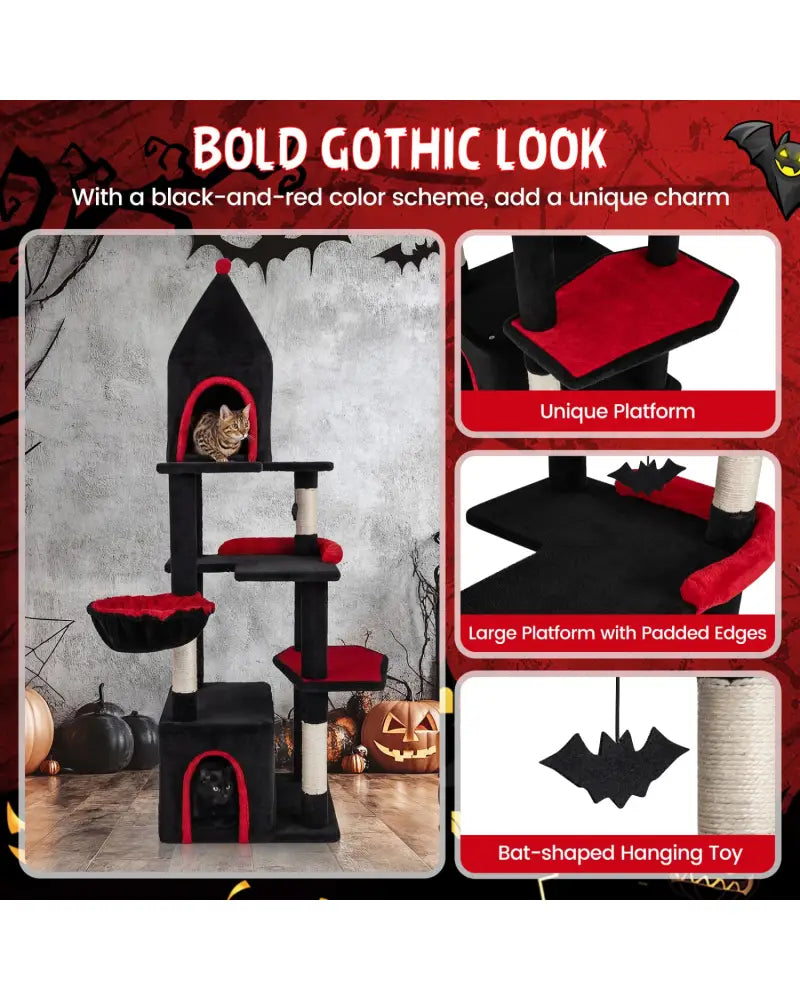 63 Inch Gothic Cat Tree with Condo and Top Cave for Large Cats 20+ LBS-Black - Black - Cat Trees Condos & Scratchers