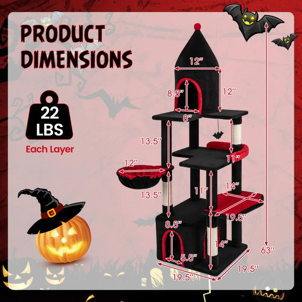 63 Inch Gothic Cat Tree with Condo and Top Cave for Large Cats 20+ LBS-Black - Black - Cat Trees Condos & Scratchers
