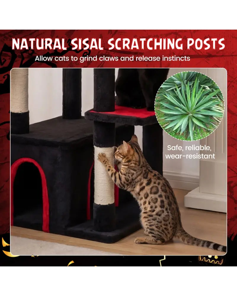 63 Inch Gothic Cat Tree with Condo and Top Cave for Large Cats 20+ LBS-Black - Black - Cat Trees Condos & Scratchers