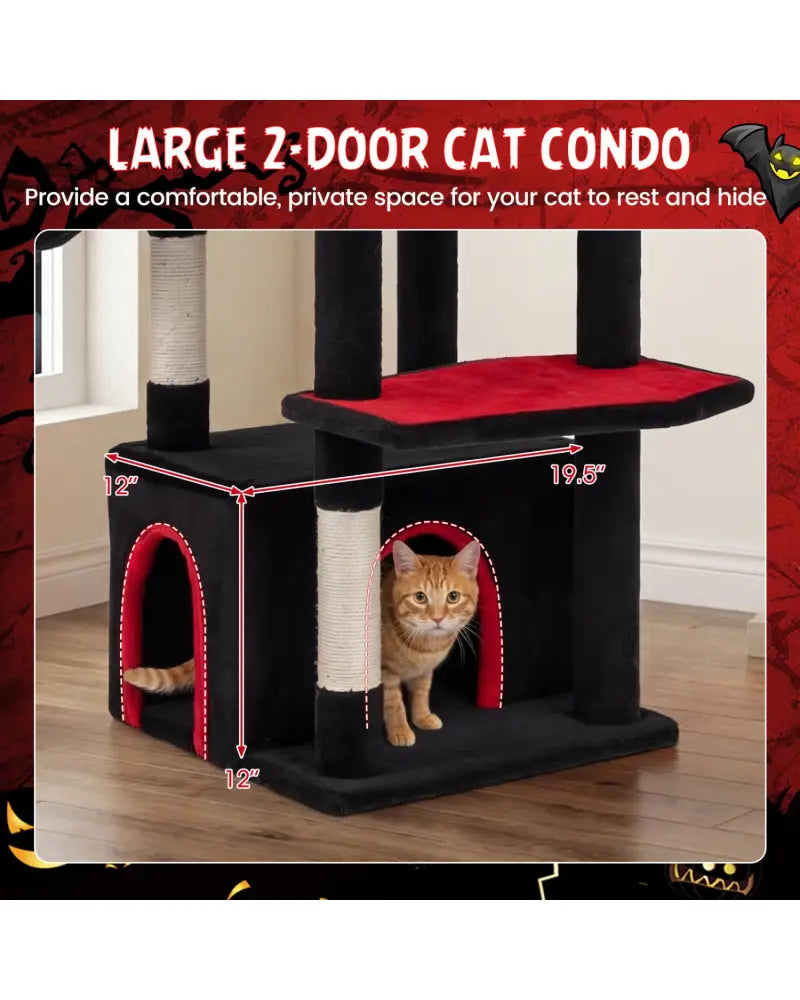 63 Inch Gothic Cat Tree with Condo and Top Cave for Large Cats 20+ LBS-Black - Black - Cat Trees Condos & Scratchers