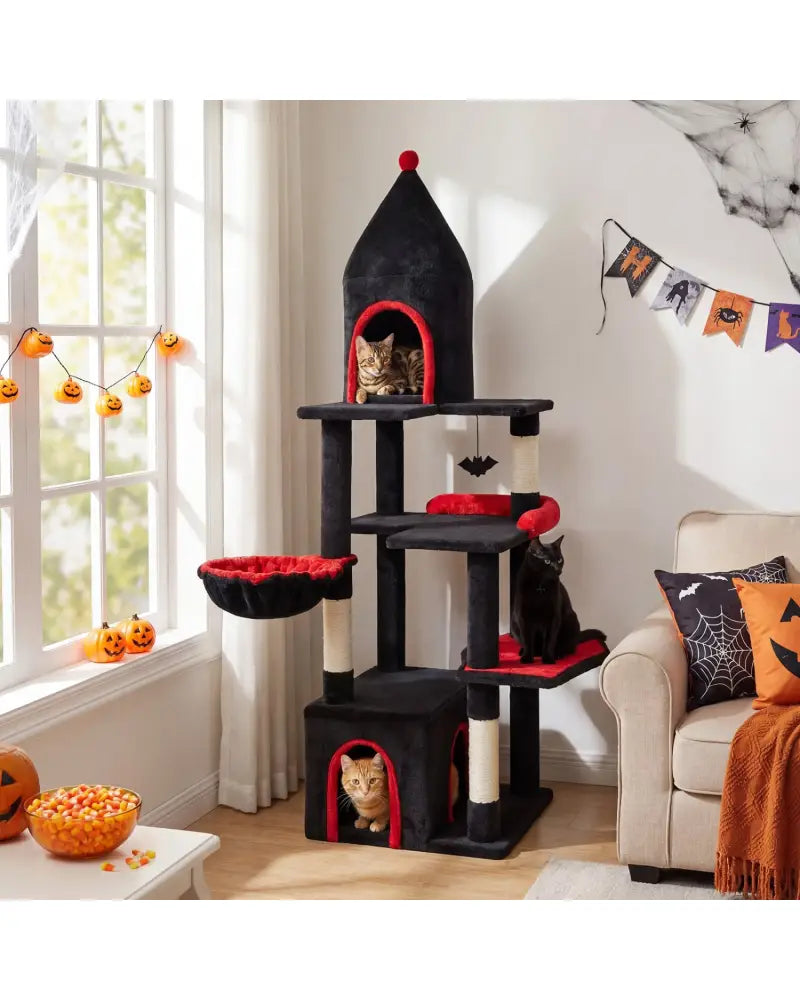 63 Inch Gothic Cat Tree with Condo and Top Cave for Large Cats 20+ LBS-Black - Black - Cat Trees Condos & Scratchers