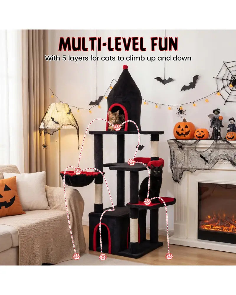 63 Inch Gothic Cat Tree with Condo and Top Cave for Large Cats 20+ LBS-Black - Black - Cat Trees Condos & Scratchers