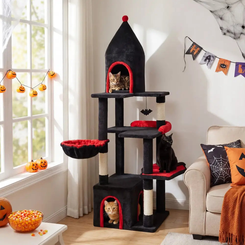 63 Inch Gothic Cat Tree with Condo and Top Cave for Large Cats 20+ LBS-Black - Black - Cat Trees Condos & Scratchers