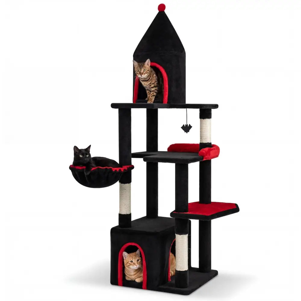 63 Inch Gothic Cat Tree with Condo and Top Cave for Large Cats 20+ LBS-Black - Black - Cat Trees Condos & Scratchers